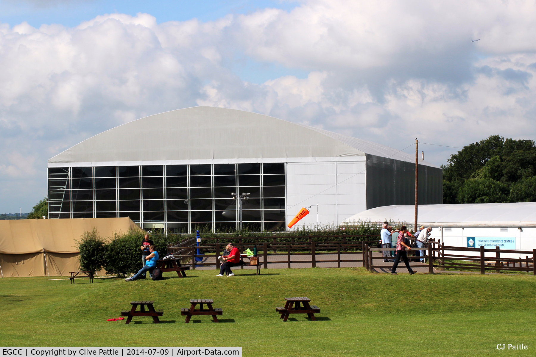 Manchester Airport, Manchester, England United Kingdom (EGCC) - View of excellent viewing enclosure with Concorde Hangar and Restaurant behind. - at Manchester EGCC