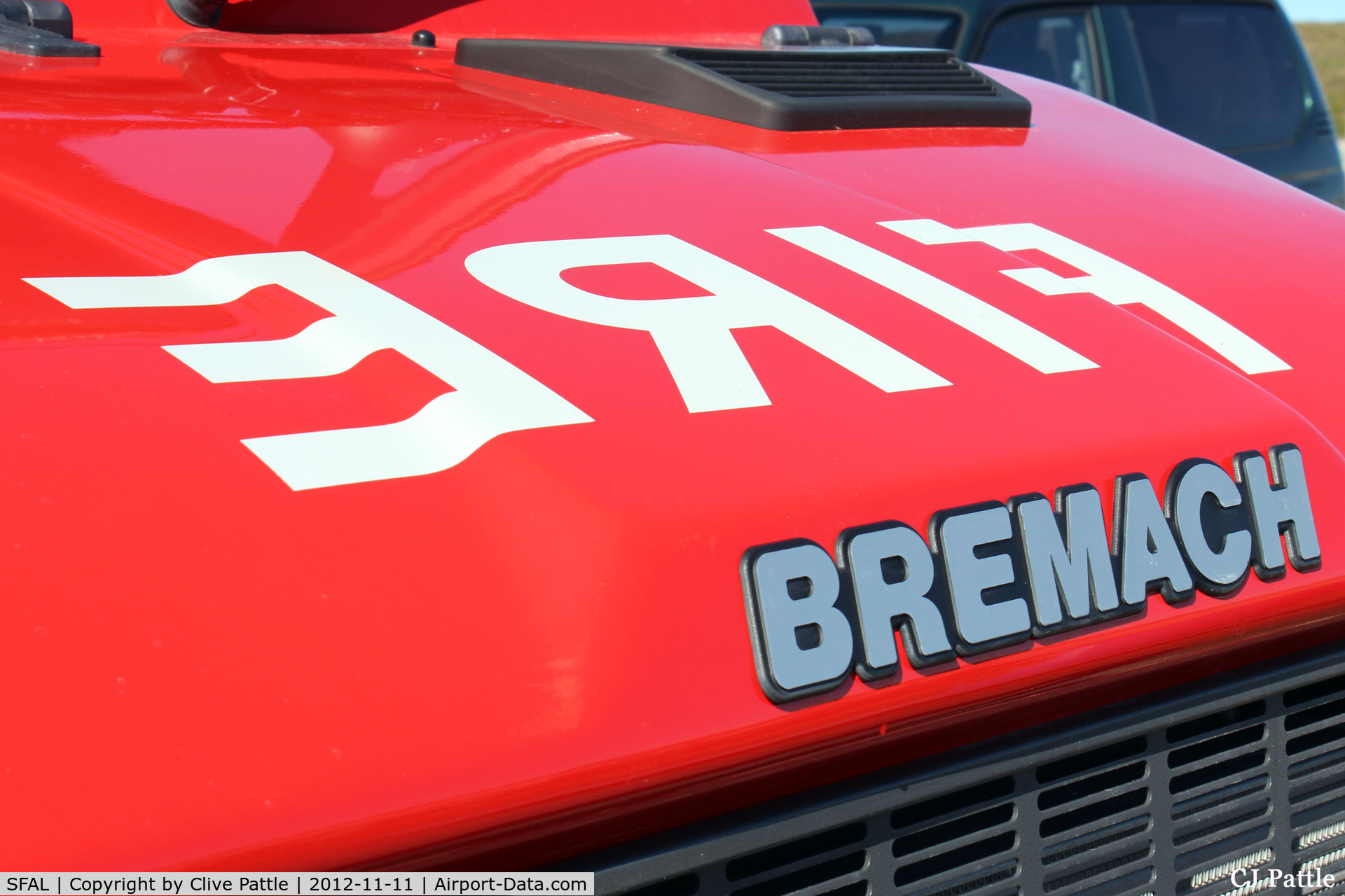 SFAL Airport - A close-up of the front of the Bremach Fire Tender at Port Stanley SFAL