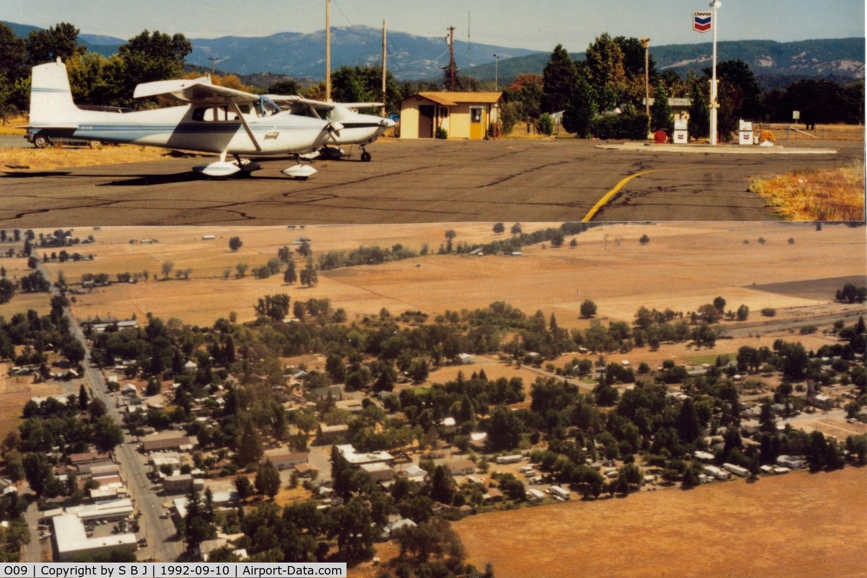 Round Valley Airport (O09) - The Round Valley airport ramp and air view of the small town of Covelo which is a short distance away.This was in 1992.The ramp view is looking toward town or east and town view is to the north.