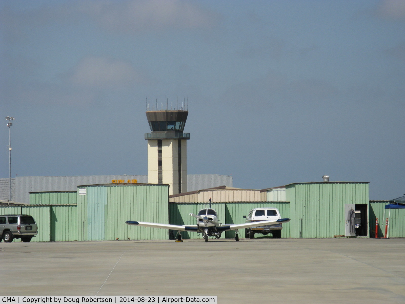 Camarillo Airport (CMA) - CMA Air Traffic Control Tower, located central to displaced runway 8/26, on airport shot