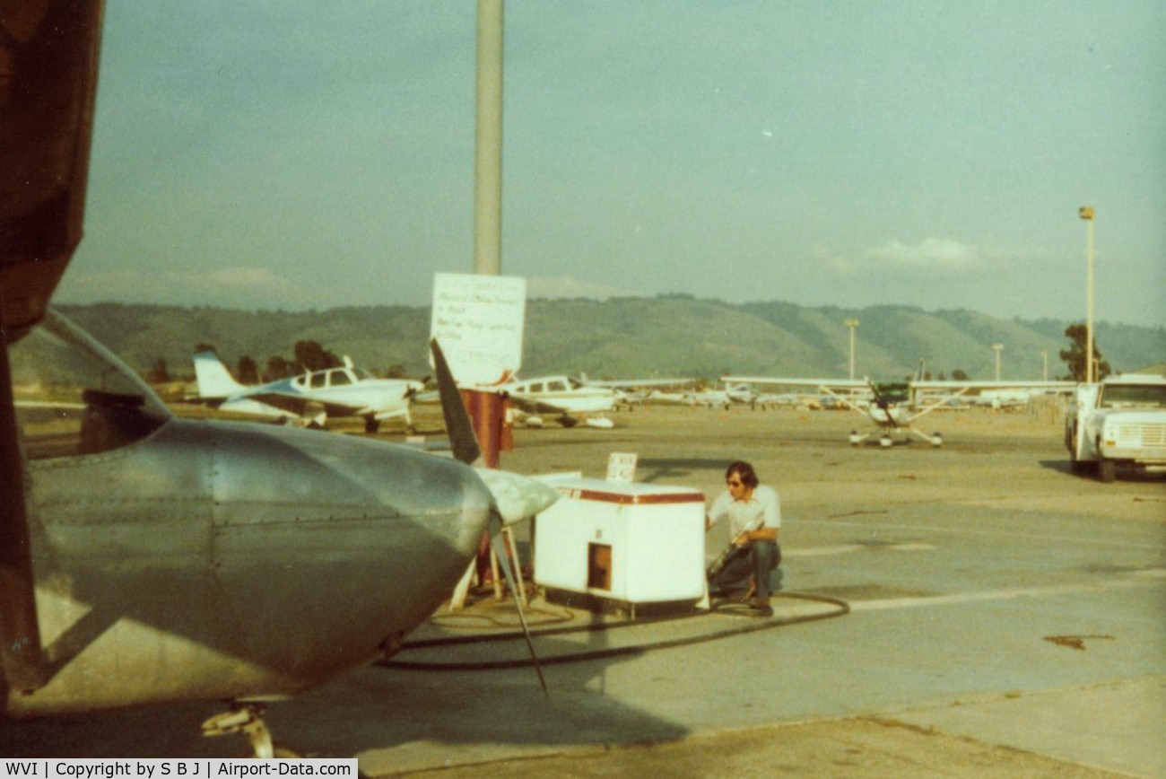 Watsonville Municipal Airport (WVI) - Cessna 59X at the fuel island  way back in 1981. Wonder what the cost of fuel was that day? View is to the east.