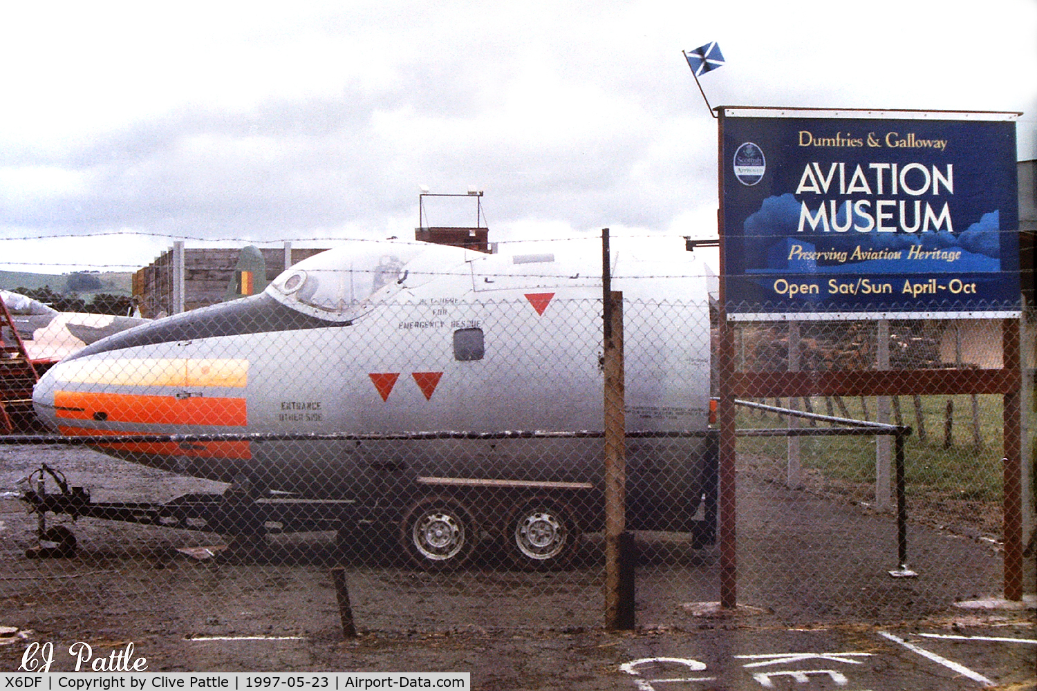 X6DF Airport - A view of the Dumfries and Galloway Aviation Museum in May 1997. Nose is Canberra T.4 WJ880.
