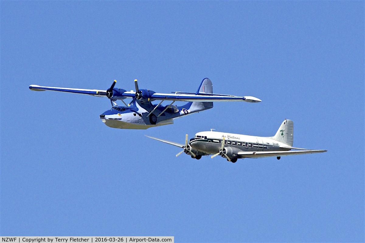 Wanaka Airport, Wanaka New Zealand (NZWF) - Recently restored Catalina and Air Chatham DC-3 formation flying At 2016 Warbirds Over Wanaka Airshow , Otago , New Zealand