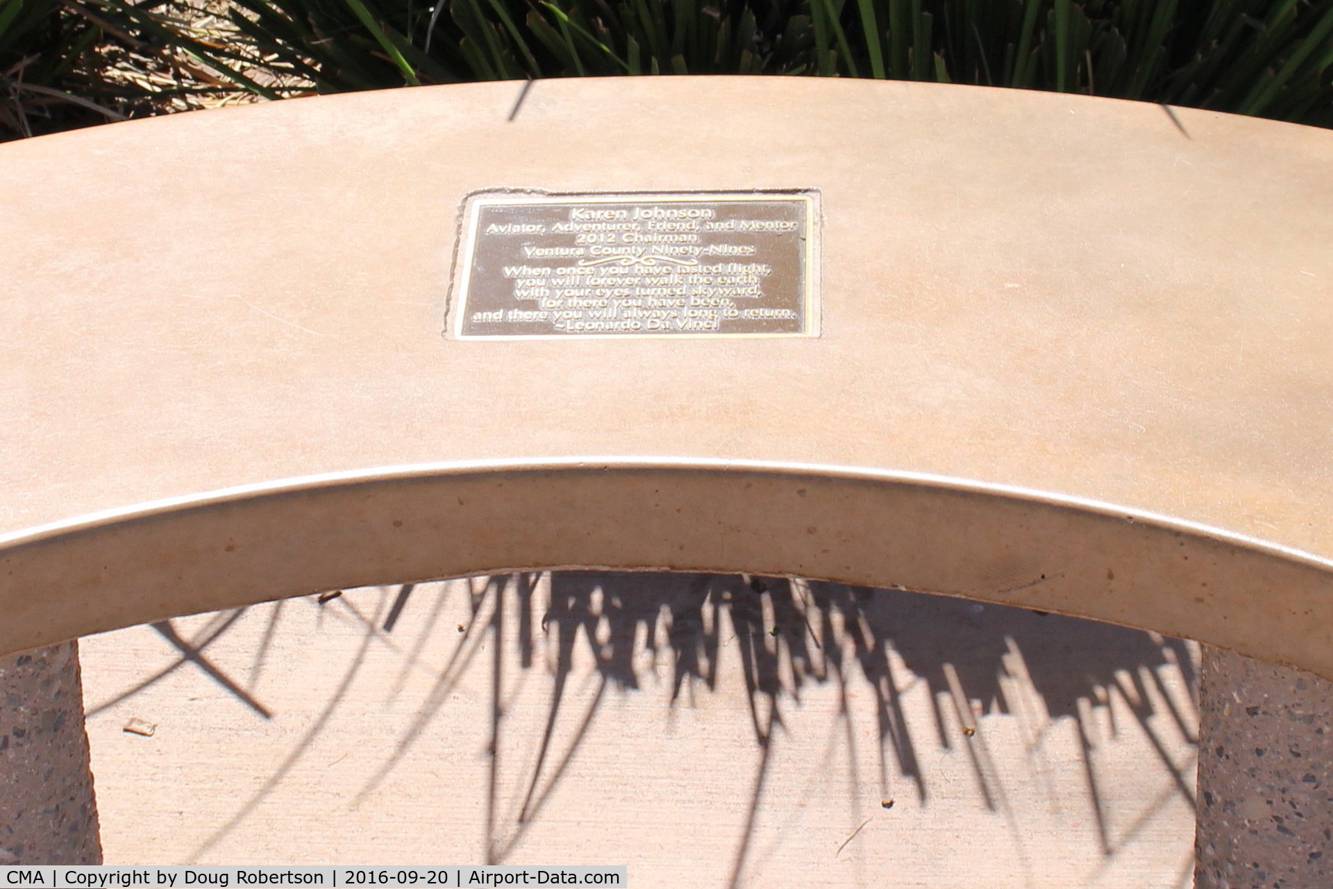 Camarillo Airport (CMA) - Tribute Bench at CMA's public Aircraft View Park outside the Waypoint Cafe in full sun