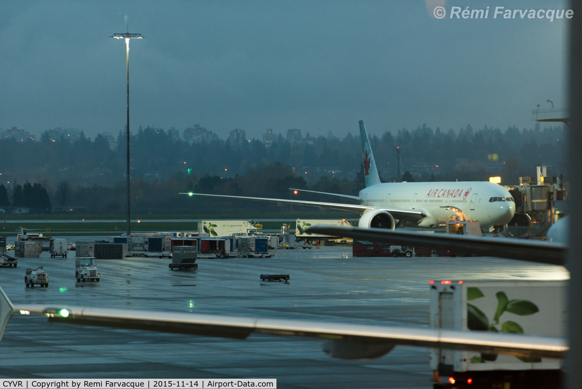Vancouver International Airport, Vancouver, British Columbia Canada (CYVR) - A foggy evening. View north from Air Canada domestic terminal