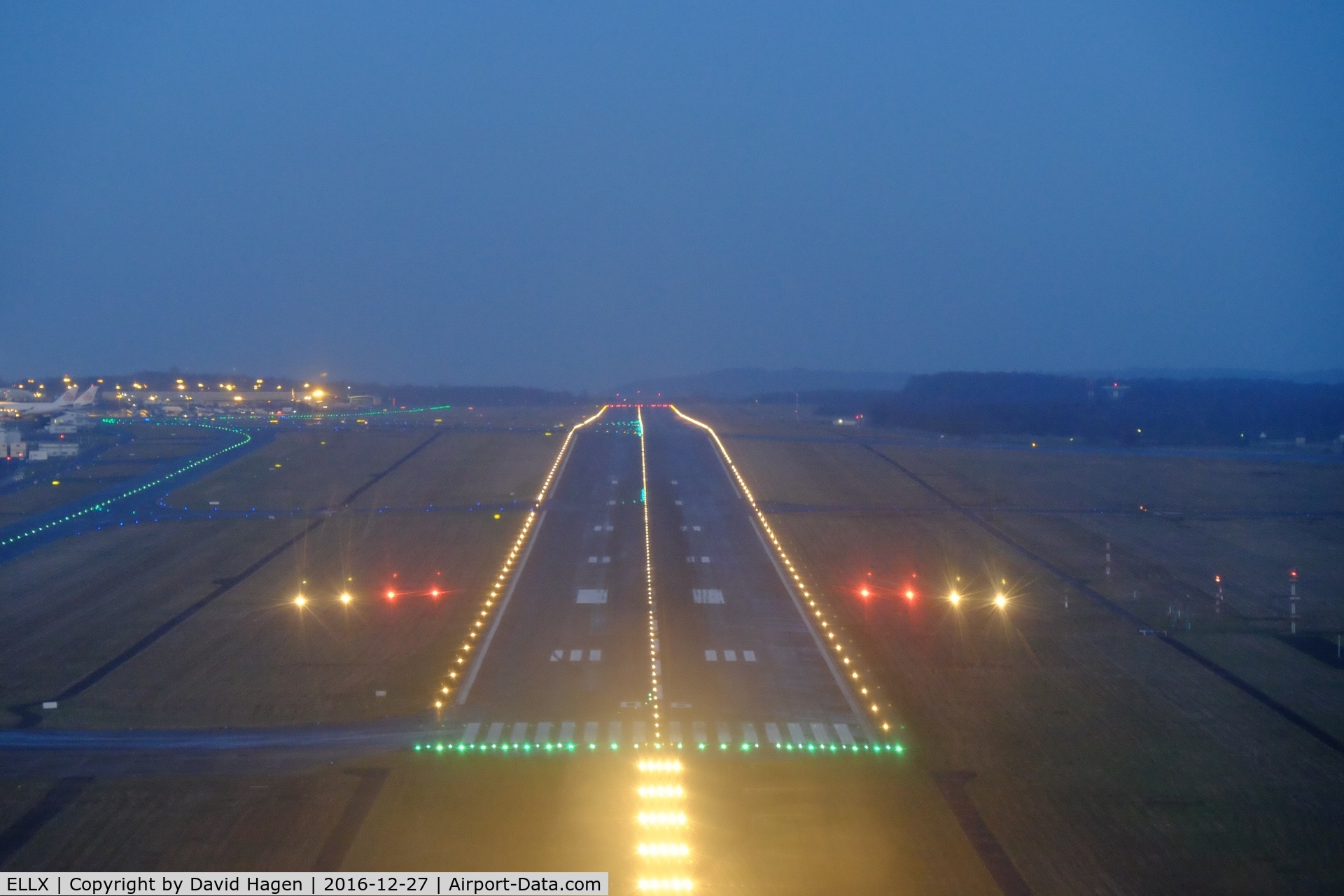 Luxembourg International Airport, Luxembourg Luxembourg (ELLX) - Final runway 06 in Luxembourg at 17:00 LT after sunset in December.