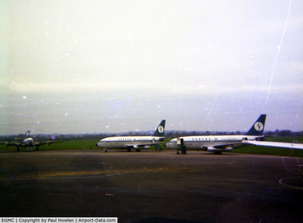 London Southend Airport, Southend-on-Sea, England United Kingdom (EGMC) - Sabena Boeing 737's parked on the North Apron, winter 1976, carrying continental shoppers on day trips. 