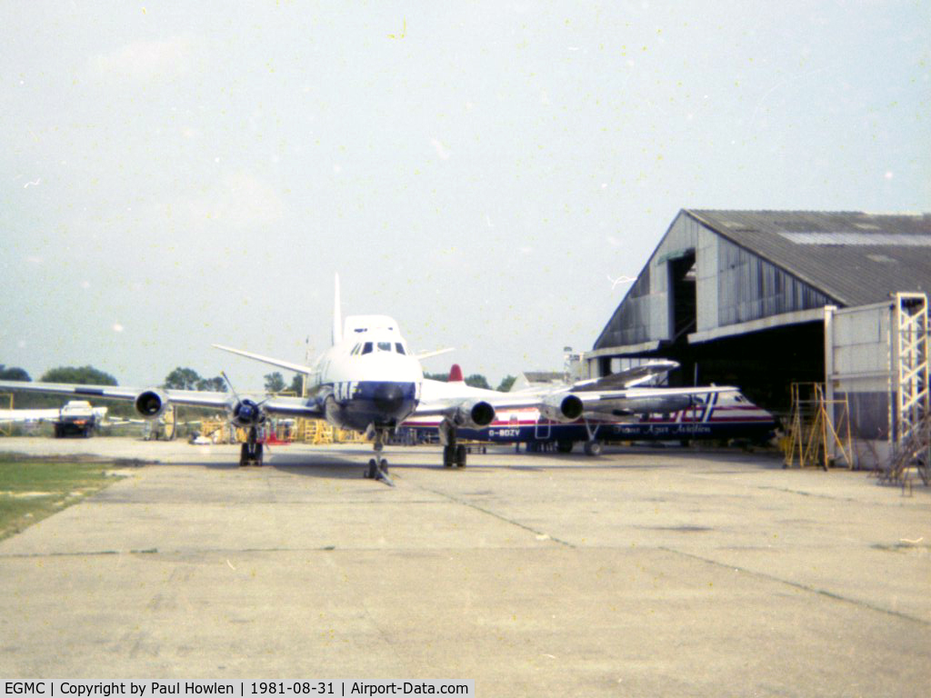 London Southend Airport, Southend-on-Sea, England United Kingdom (EGMC) - North Maintenance hangers, August 1981, with Vickers Viscount and Handley Page Herald G-BDZV