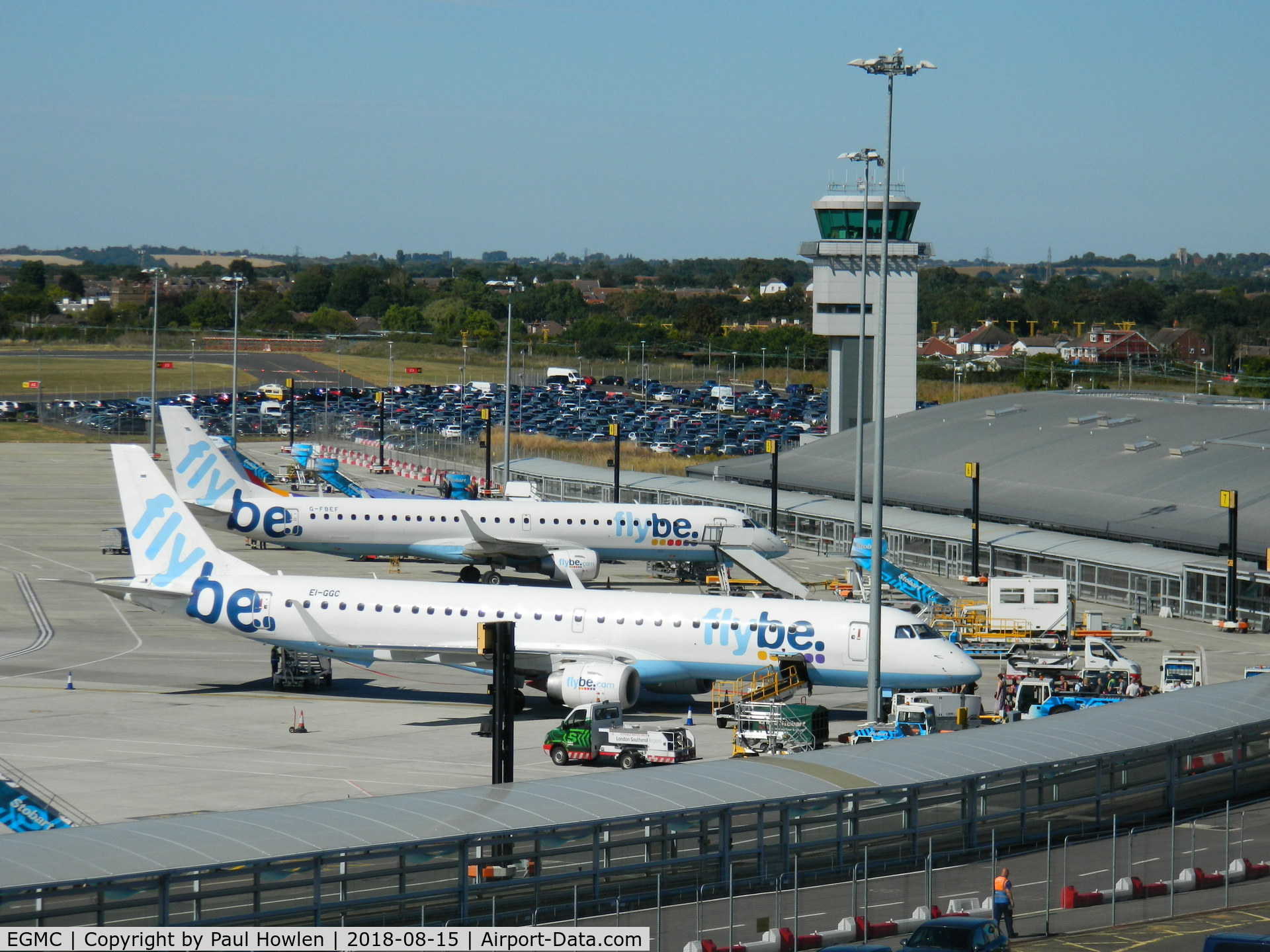 London Southend Airport, Southend-on-Sea, England United Kingdom (EGMC) - EI-GGC and G-FBEC of Flybe at stand on 15th August 2018 , taken from the Holiday Inn Hotel 