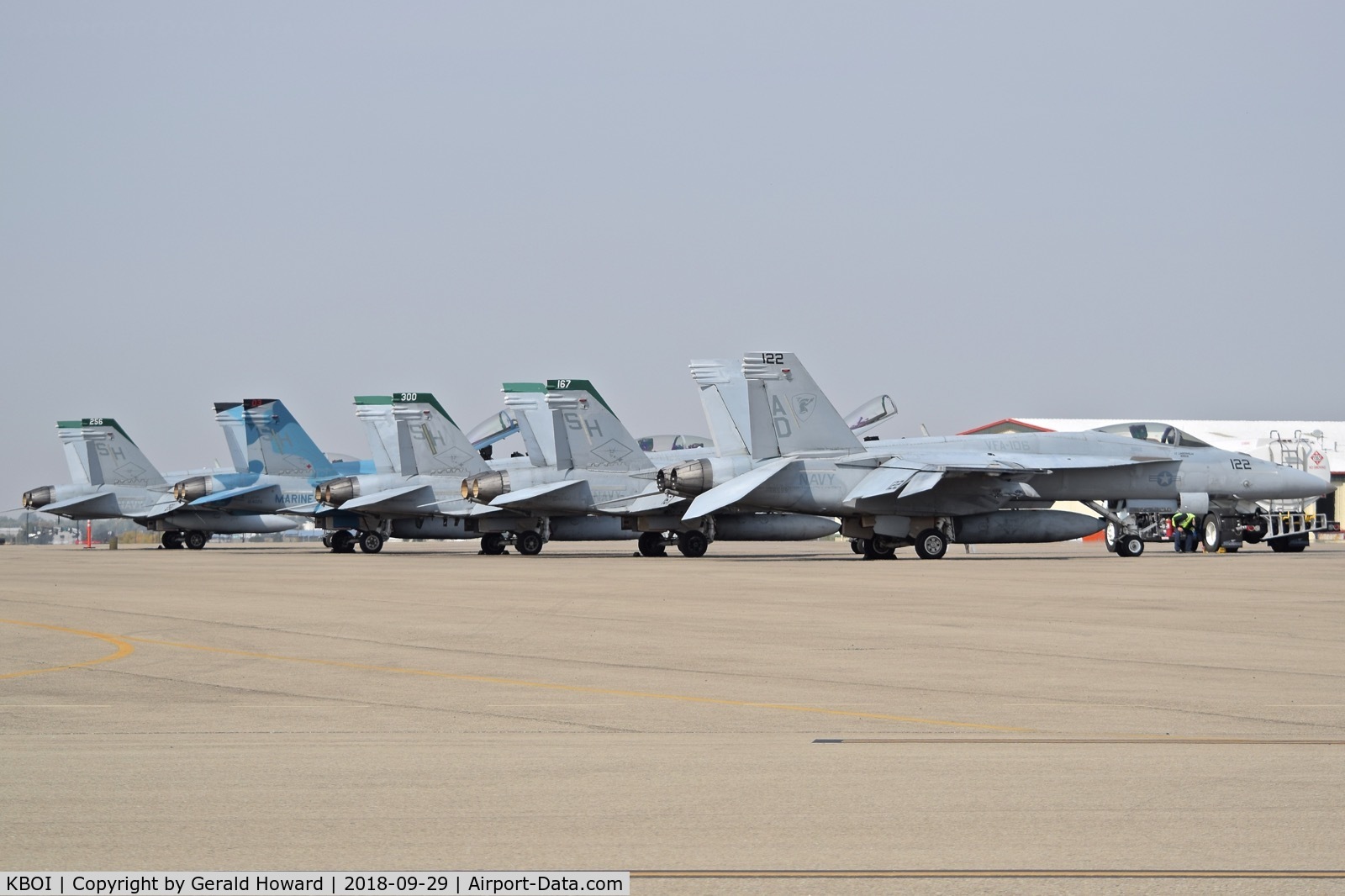 Boise Air Terminal/gowen Fld Airport (BOI) - F/A-18s from VMFAT-101 and VFA-106 parked on the north GA ramp.