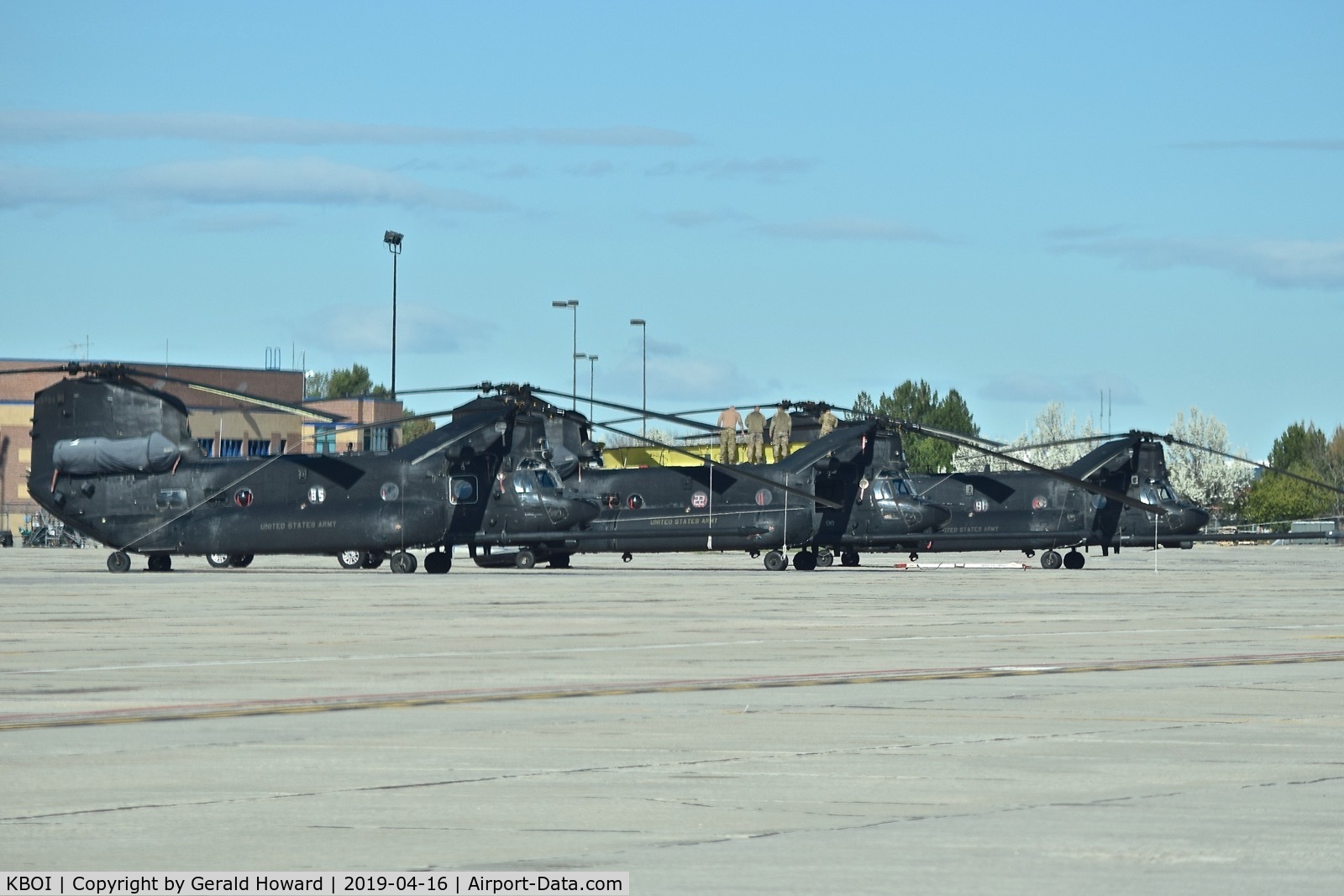Boise Air Terminal/gowen Fld Airport (BOI) - Three MH-47G Chinooks from the U.S. Army's  160th Special Operations Aviation Regiment (SOAR)
“Night Stalkers” 4th BN, Joint Base Lewis-McChord, WA parked on the Idaho ANG ramp.
