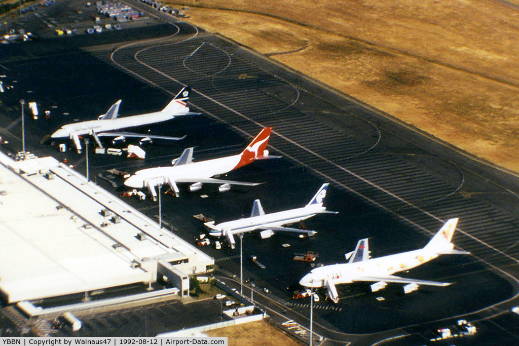Brisbane International Airport, Brisbane, Queensland Australia (YBBN) - Airport Overview of 'Old Eagle Farm' International Airport YBBN, taken from Australian Airlines first A300B4-203 VH-TAA, on approach to 'New Eagle Farm' Airport on 12Aug1992. 