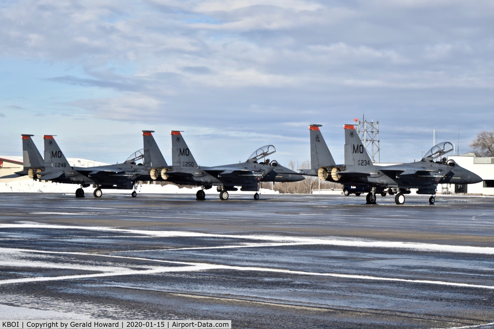 Boise Air Terminal/gowen Fld Airport (BOI) - 3 of 7 F-15Es from the 391st Fighter Sq., 366th Fighter Wing from Mountain Home AFB, ID parked on the north GA ramp.
