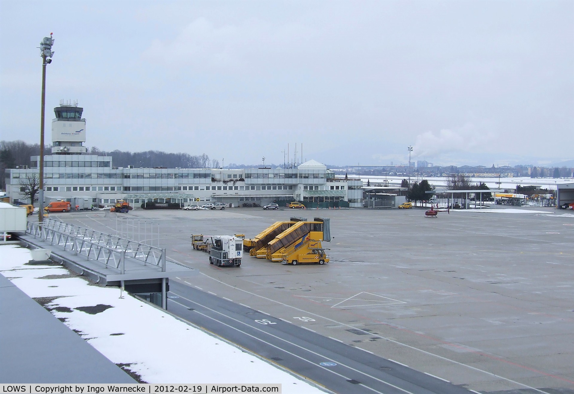 Salzburg Airport, Salzburg Austria (LOWS) - apron and airport buildings with tower at Salzburg W.A.Mozart airport