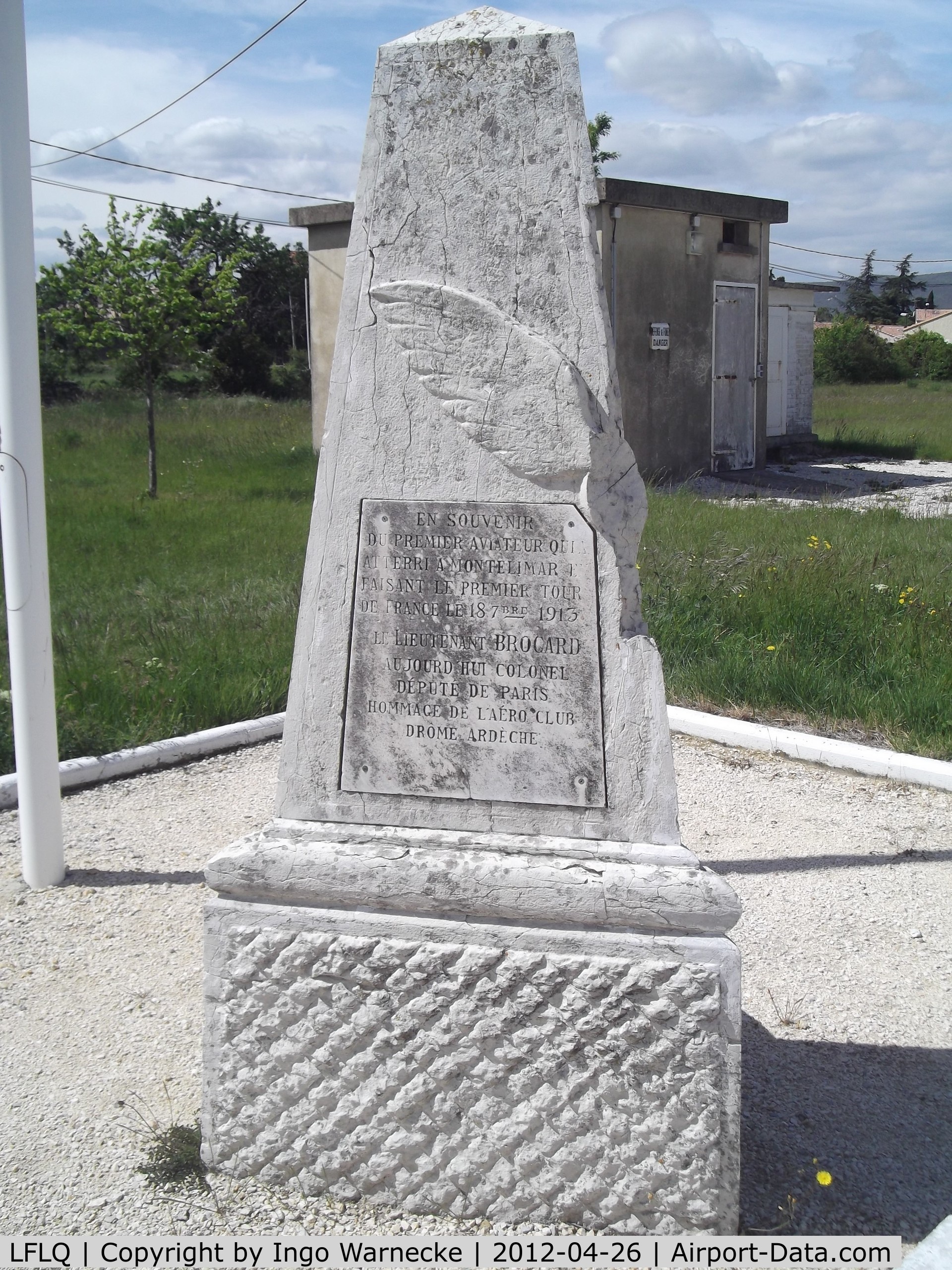 Montélimar Ancone Airport, Montélimar France (LFLQ) - memorial at Montelimar Ancone airfield commemorating: 1. the first flight of Roger Morin im Dptm Drome in May 1911; 2. first flights at the Ecole d'Istres; 3. Tour de France of Antonin Brocard on Deperdussin 1913; 4. founders of the Aeroclub de la Drome