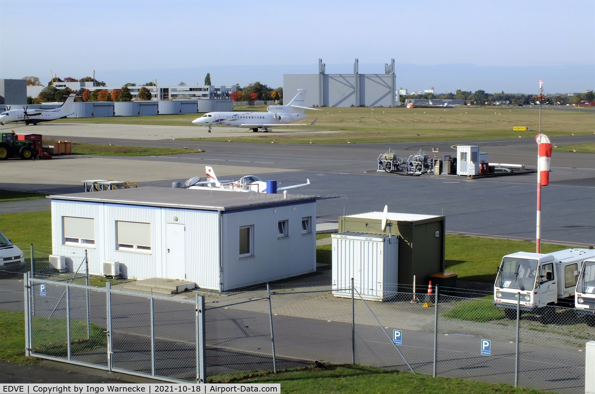 Braunschweig-Wolfsburg Regional Airport, Braunschweig, Lower Saxony Germany (EDVE) - looking west from the visitors gallery at the apron and airfield fuelling station at Braunschweig-Waggum airport