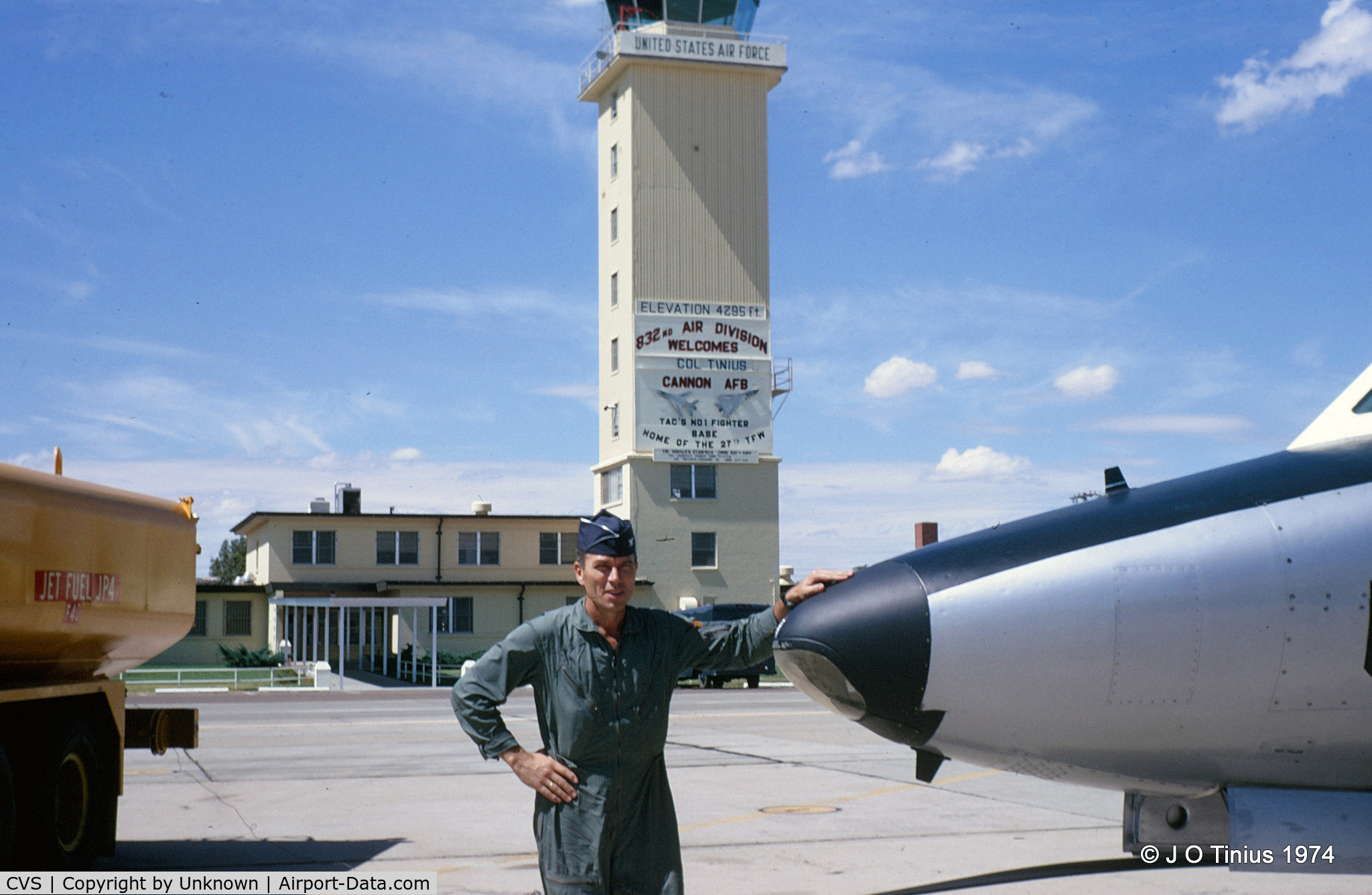 Cannon Afb Airport (CVS) - Col John O Tinius, USAF, welcomed to Cannon AFB, NM. Probably 1974.
Col Tinius flew the F-86 on 41 combat missions in Korea and remained on flight status for almost his entire career, retiring in 1976.
