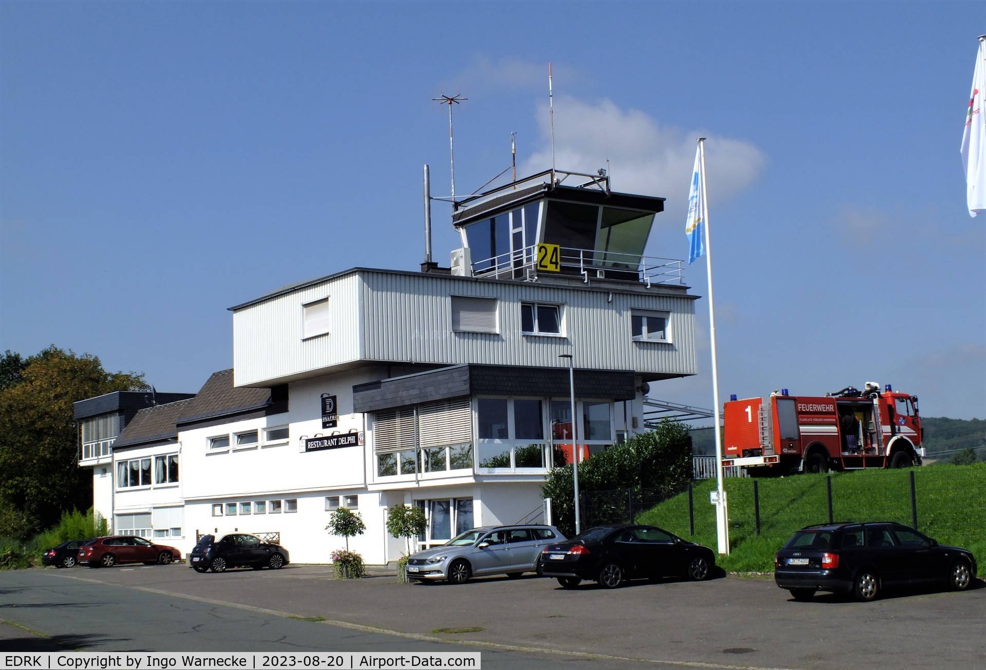 Koblenz Winningen Airport, Winningen, Mosel Germany (EDRK) - landside view of terminal, tower and airfield restaurant at Koblenz-Winningen airfield