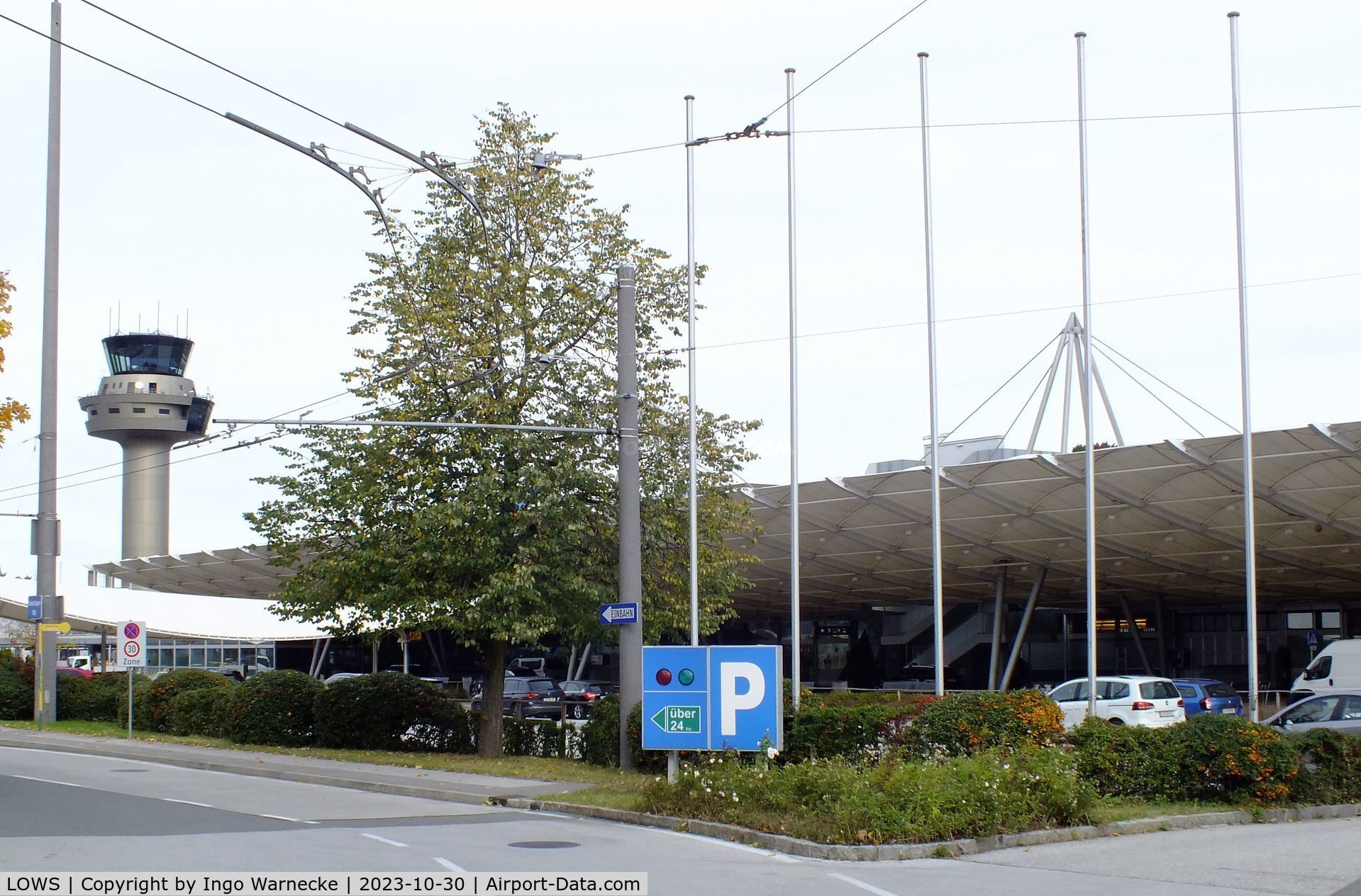 Salzburg Airport, Salzburg Austria (LOWS) - landside view of tower and terminal at Salzburg airport