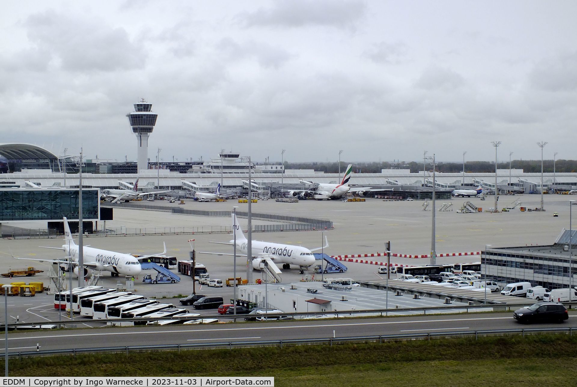 Munich International Airport (Franz Josef Strauß International Airport), Munich Germany (EDDM) - tower and parts of terminal building and apron of Munich airport