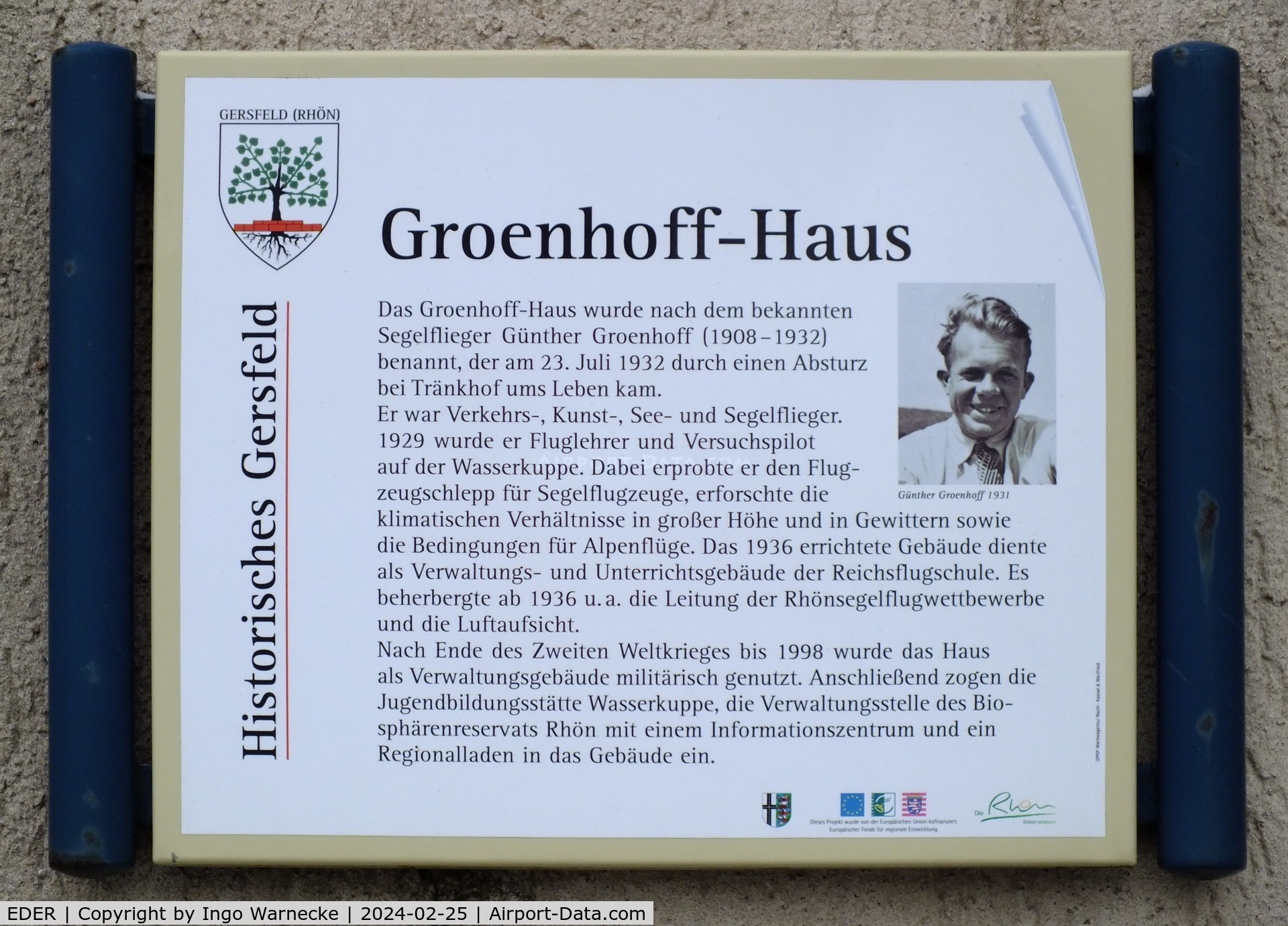 EDER Airport - memorial plaque for Günther Groenhoff at the Groenhoff-Haus  at Gersfeld - Wasserkuppe airfield