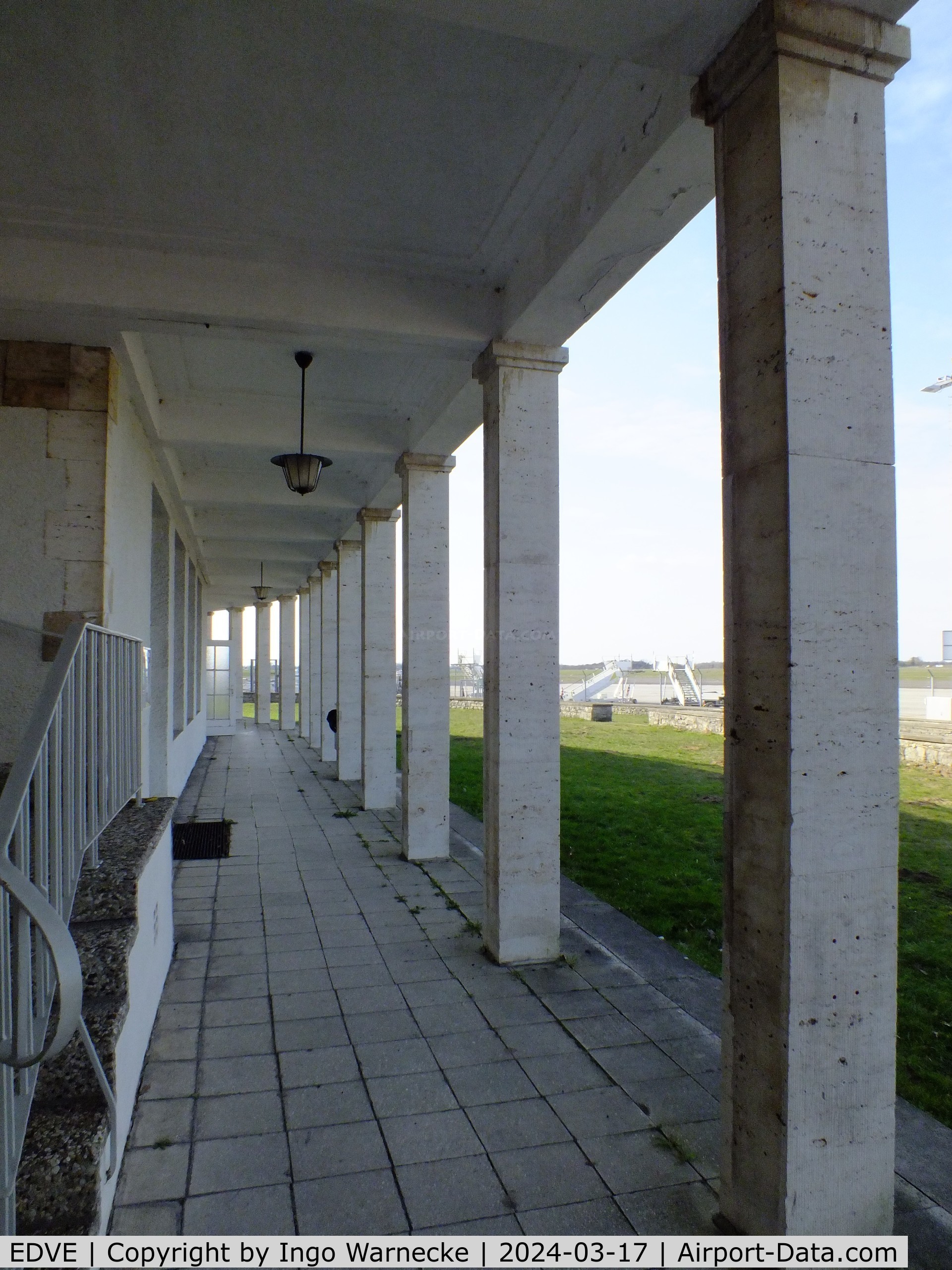 Braunschweig-Wolfsburg Regional Airport, Braunschweig, Lower Saxony Germany (EDVE) - looking west through the colonnades of the visitors terrace of Braunschweig/Wolfsburg airport, BS/Waggum