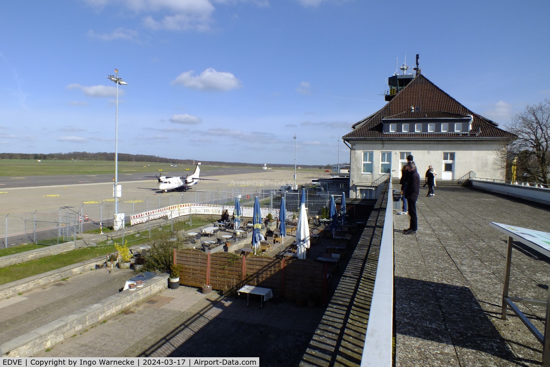 Braunschweig-Wolfsburg Regional Airport, Braunschweig, Lower Saxony Germany (EDVE) - looking east at apron, airport restaurant and terminal from the visitors terrace of Braunschweig/Wolfsburg airport, BS/Waggum