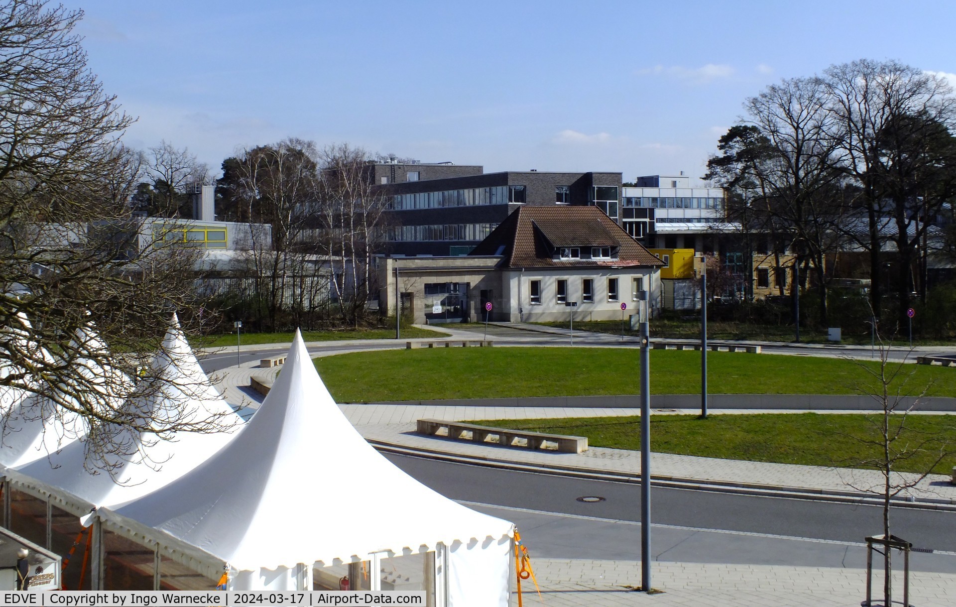 Braunschweig-Wolfsburg Regional Airport, Braunschweig, Lower Saxony Germany (EDVE) - view from the visitors terrace with temporary pre-boarding tents towards the DLR at Braunschweig/Wolfsburg airport, BS/Waggum