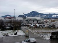 Salzburg Airport, Salzburg Austria (LOWS) - The Pension Hutter is only 100 yards from the Terminal building - Room 6 provides the enthusiast with this view- the ramp is obscured , but taxying and departing aircraft can be seen in daylight hours - by Terry Fletcher