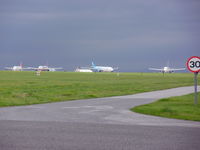 Manchester Airport, Manchester, England United Kingdom (EGCC) - 3.00pm at Manchester Airport with six aircraft waiting for runway 23L to reopen for afternoon flights - by chris hall