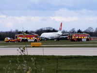 Manchester Airport, Manchester, England United Kingdom (EGCC) - Air Malta A319 9H-AEI made an emergency landing with all the fire trucks in attendance - by Chris Hall