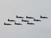 Anglesey Airport (Maes Awyr Môn) or RAF Valley, Anglesey United Kingdom (EGOV) - 9 RAF Hawks of No 4 FTS/208(R) Sqn displaying in a diamond formation - by Chris Hall