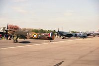 RAF Waddington Airport, Waddington, England United Kingdom (EGXW) - Battle of Britain Memorial Flight's Spitfires P7350 and P5853 at Waddington's Photocall in April 1990. - by Malcolm Clarke