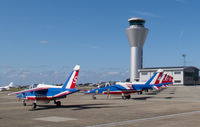 Jersey Airport, Jersey, Channel Islands United Kingdom (EGJJ) - Alpha Jets of the Patrouille de France lined up on Jersey Air Show day, 2012 - by alanh
