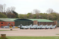 RAF Leuchars Airport, Leuchars, Scotland United Kingdom (EGQL) - A line-up of some of the resident Typhoons of 6 Sqn on the apron at RAF Leuchars. They are, from L-R FGR.4's ZK302/coded EA, ZK318/ET, ZK320/EV, ZK314/EO, ZK324/EI and T.3 ZK381/EX. The Sqn has now moved north to RAF Lossiemouth EGQS. - by Clive Pattle