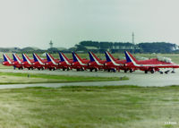 RAF Leuchars Airport, Leuchars, Scotland United Kingdom (EGQL) - Red arrows line-up on the ARP at RAF Leuchars for the airshow 1996 - by Clive Pattle